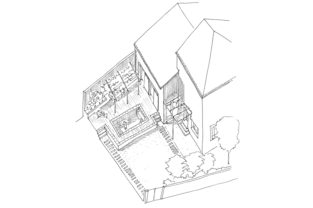 Aménagement d'une cour de maison de village avec construction d'une piscine